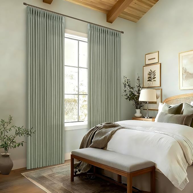 96 Inch Sage Green Linen Pinch Pleated Light Filtering Curtains 2 Panels | - Image 8