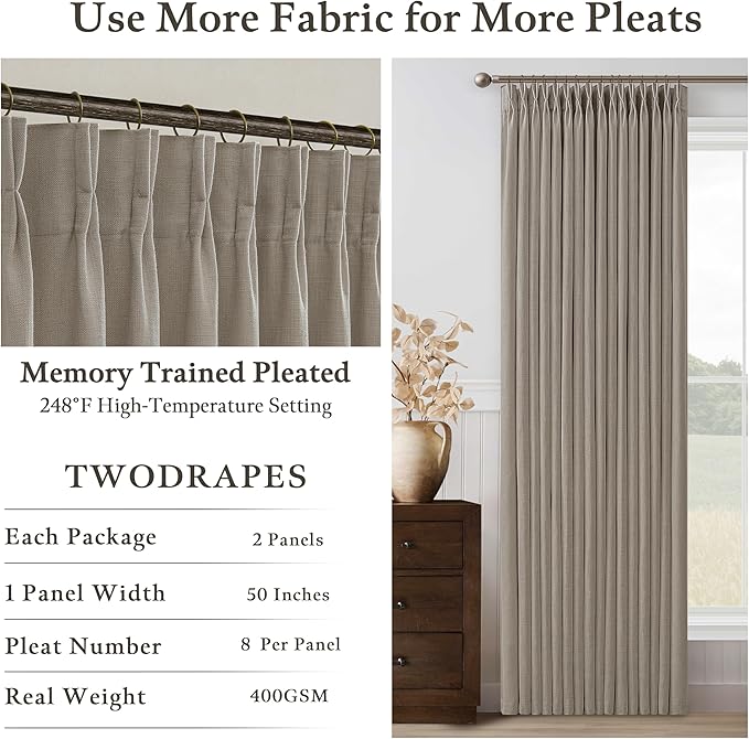 120 Inch Linen Blend Semi Sheer Pleat Curtains Taupe Burlywood Birch 50x120 | - Image 4