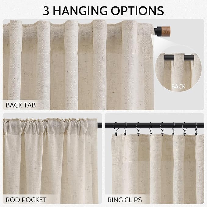 Living Room Curtains 63 Inch Length Linen Cream Beige Luxury Light Filtering - Image 2