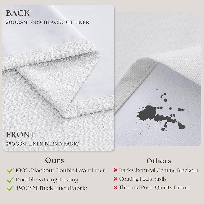 Snow White Pleated Linen 100% Blackout Curtains 120 Inches Long | Pinch Pleat - Image 6