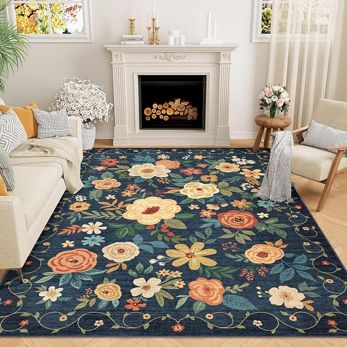 DUKINO 5x8 Area Rug for Bedroom, Floral Washable Rug Non Slip, Non-Shedding by DUKINO