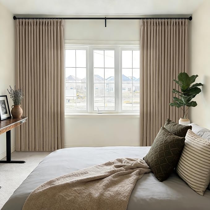 Pinch Pleat Latte Taupe Semi Sheer Linen Curtains 105 Inches Long 2 Panels | - Image 8