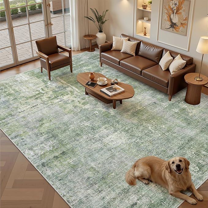 Soalmost 10x12 Area Rugs for Living Room Washable Rug Abstract Green/Ivory | - Image 2
