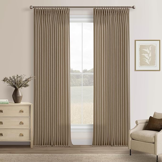 Pinch Pleated Memory Trained Linen Semi Sheer Brown Latte Curtains 50Wx90L | by Twodrapes