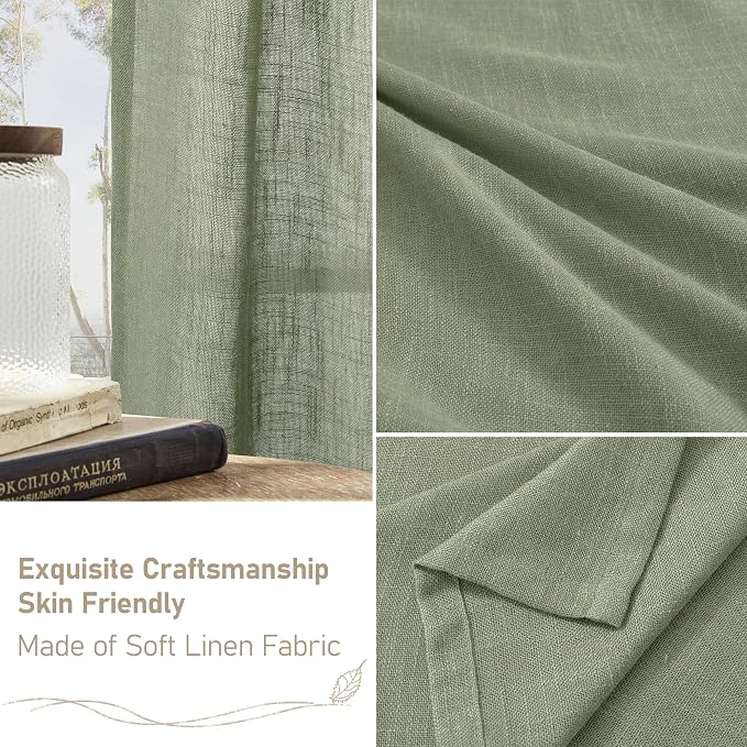 60 Inch Length Semi Sheer Linen Curtains 2 Panels Set, Sage Green Light - Image 6