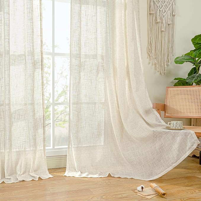 Natural Semi Sheer Linen Curtains 60 Inch, Light Filtering Panels | Neutral - Image 9