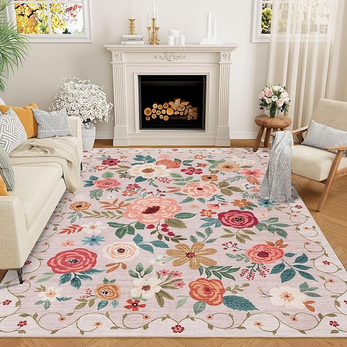 DUKINO 5x8 Area Rug for Bedroom, Soft Floral Washable Rug Non Slip, by DUKINO