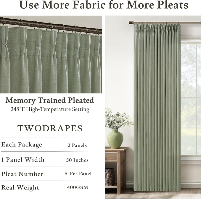 96 Inch Sage Green Linen Pinch Pleated Light Filtering Curtains 2 Panels | - Image 4