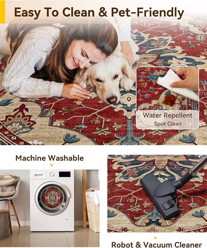 RELEANY Washable Area Rug, Round 10ft, Water Repellent, Pet Friendly, Vintage - Image 5
