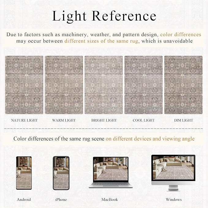 Schweek 5x7 Area Rugs for Living Room Taupe Washable Vintage Neutral Rug | - Image 6