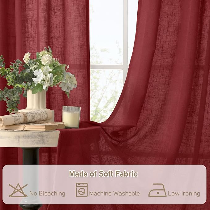 Burgundy Red Sheer Linen Curtains 84 inch Length, Light Filtering Semi Sheer - Image 9