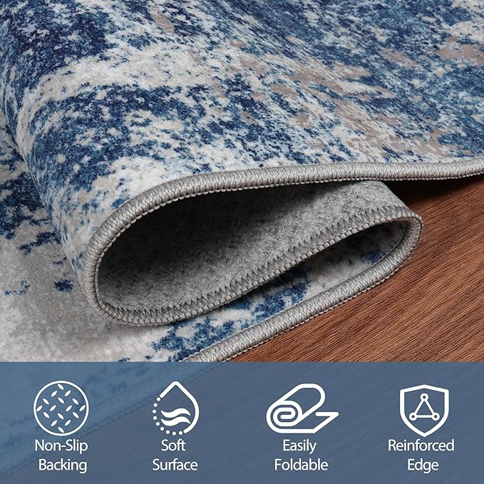 5x7 Area Rugs for Living Room Washable Bedroom Dining Room Blue Grey White | - Image 4