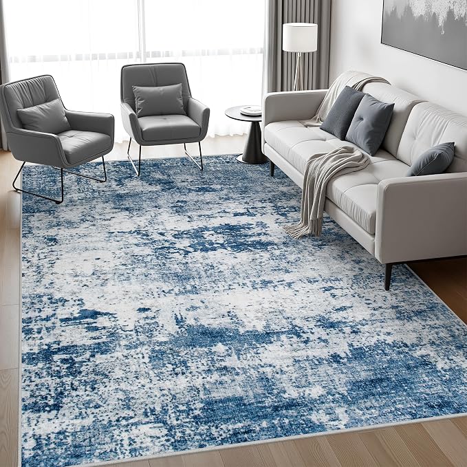 5x8 Area Rug Living Room: Modern Washable Indoor Soft Carpet Blue | - Image 9
