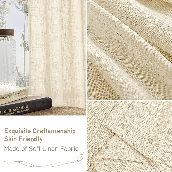 Beige Semi Sheer Beige Linen Curtains 63 inch 2 Panels, 34 x 63 Inch | Light - Image 6