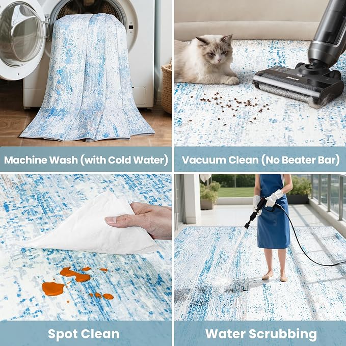 8x10 Washable Area Rug for Living Room Bedroom: Non-Slip Modern Light Blue | - Image 6