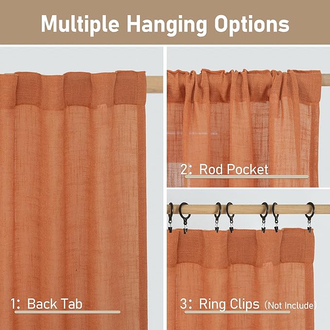 54 Inch Semi Sheer Window Linen Curtains, Light Filtering Panels | Faux Linen - Image 3