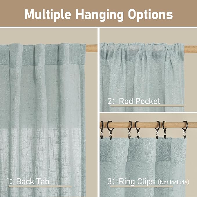 Linen Blended Curtains for Bedroom, 52 x 72 Inch, Light Filtering Drapes - Image 3