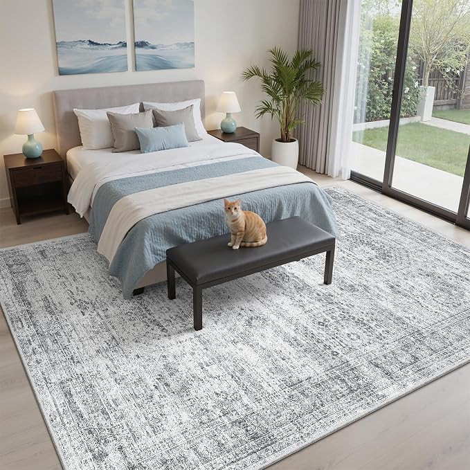 Soalmost 5x8 Area Rugs Grey Low Pile Washable Trendy Faded Style Rug | Vintage - Image 2