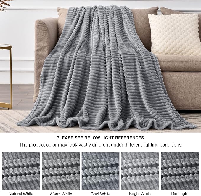BEDELITE 3D Ribbed Jacquard Grey Fleece Throw Blanket - Image 7