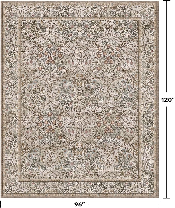 Vintage Moss Green Living Room Rug, Neutral Taupe 8x10 Washable Area Rugs - Image 2