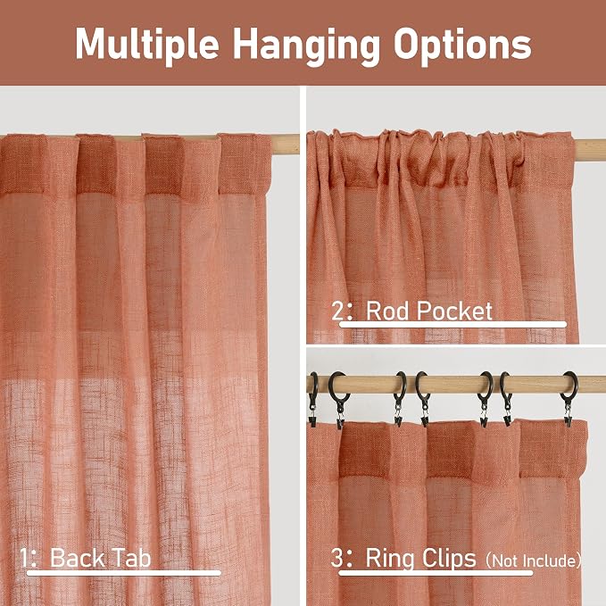 Terracotta Linen Curtains for Living Room 108 inch Length 2 Panels | Light - Image 3
