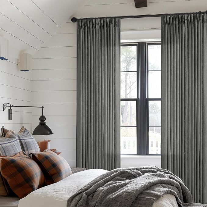 Charcoal Gray Linen Pinch Pleat Semi Sheer 108 Inch Curtains 2 Panels Set | - Image 8