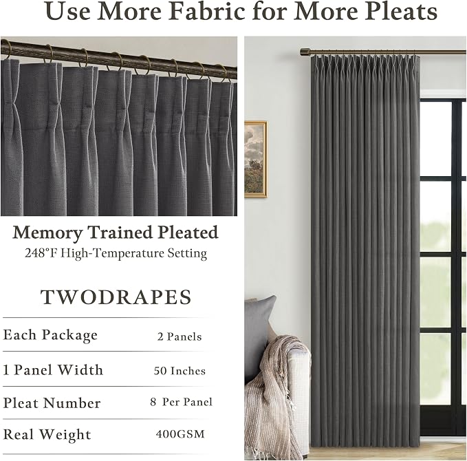 Pinch Pleat 105 Inches Linen Semi Sheer Dark Grey Curtains 50W | Charcoal Grey - Image 5