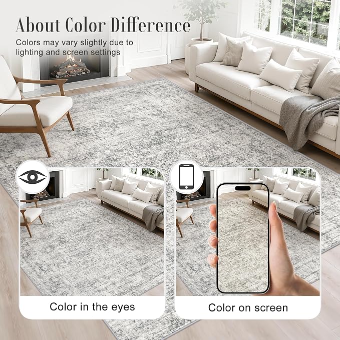 Area Rug Living Room: 8x8 Modern Washable Soft Carpet Black Grey | - Image 4