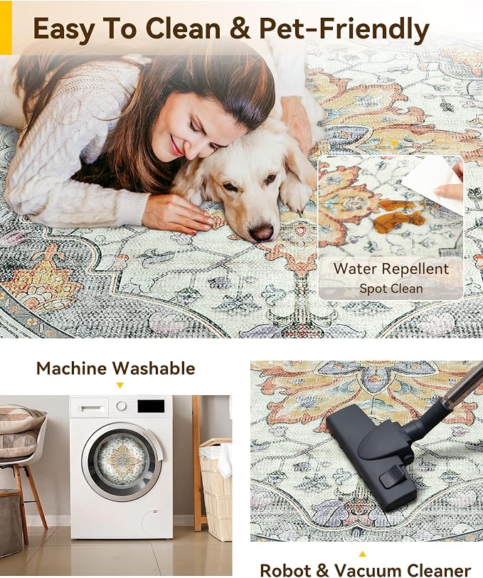 RELEANY Washable Area Rug, Round 7ft, Water Repellent, Pet Friendly, Vintage - Image 4
