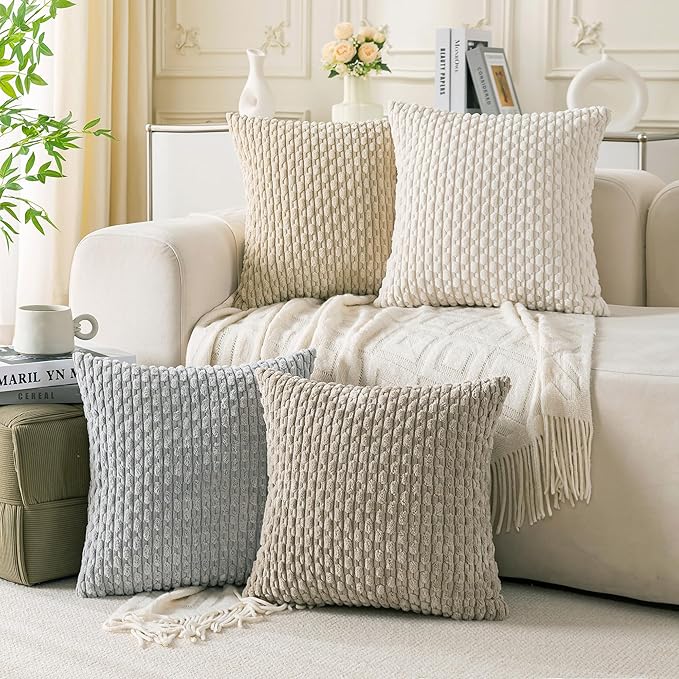 Set of 4 Neutral Decorative Throw Pillow Covers 22x22 Inch Corduroy Pillow by Cozoomy