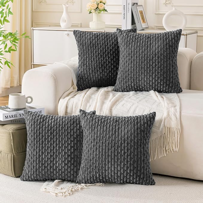 Set of 4 Dark Grey Decorative Throw Pillow Covers 22x22 Inch Corduroy Pillow by Cozoomy