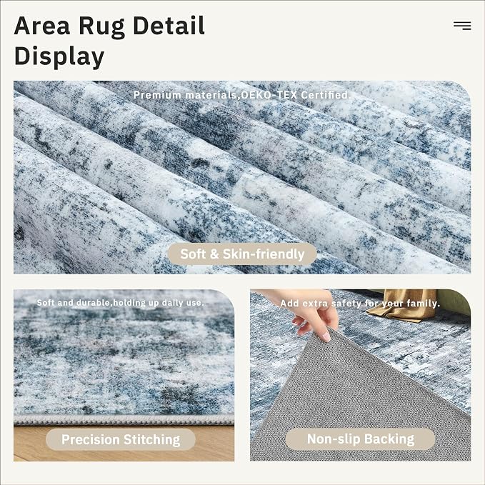 Soalmost Round Rugs 9ft Living Room Circle Area Rug 9x9 Blue/Grey Vintage | - Image 6