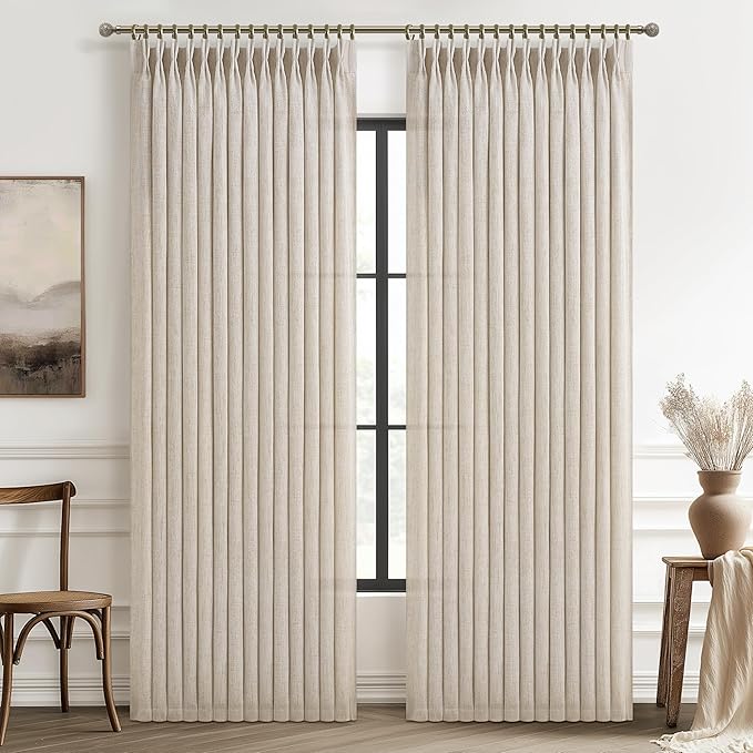 Natural Linen Semi Sheer Large Curtains 102 Inches Long 2 Panels Set by PleatedDrapes
