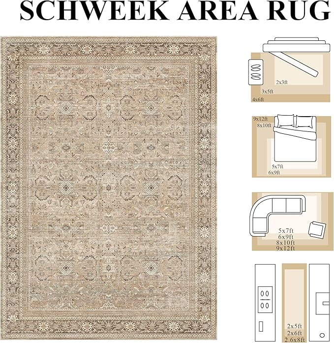 Schweek 6x9 Area Rug Khaki Washable Vintage Distressed Living Room Rugs | Non - Image 2