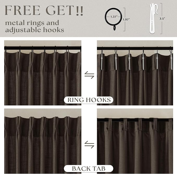 Dark Chocolate 108 Inch Pinch Pleated Semi Sheer Linen Curtains 2 Panels | - Image 5