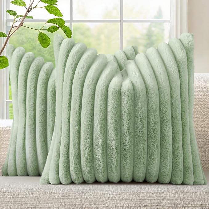 decorUhome Fall Faux Fur Throw Pillow Covers 18x18 Set of 2 Sage Green | by decorUhome