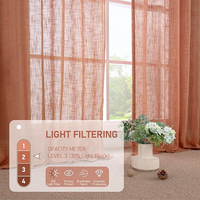 60 Inch Length Window Linen Curtains, Light Filtering Sheer Panels | Neutral - Image 4