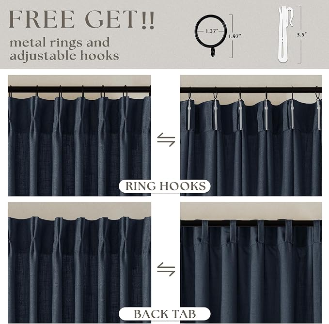 Navy Blue Linen Pinch Pleated Curtains 108 Inches Long 2 Panels | Light - Image 5