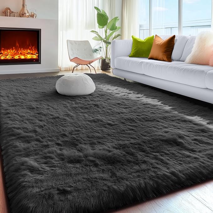 4x6 Ft Fluffy Bedroom Rugs Black Neutral Living Room Area Rug Shaggy Carpet | by PAGISOFE