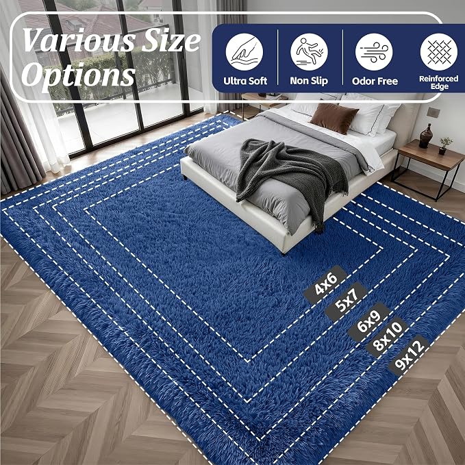9x12 Area Rug Living Room Bedroom: Fluffy Plush Shag Carpet Blue | - Image 9