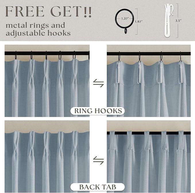 Blue Grey 90 Inch Linen Curtains Pinch Pleated - Image 5