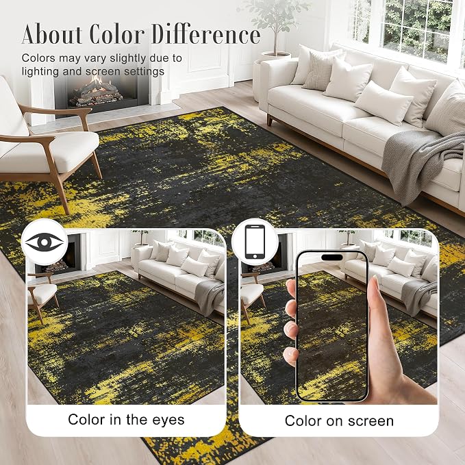 10x14 Area Rug Living Room: Modern Washable Soft Carpet Black Gold | - Image 6