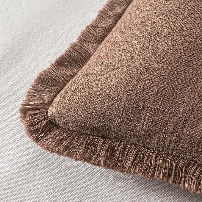 MIULEE Linen Fringe Decorative Fall Throw Pillow Covers Dark Coffee 20x20 | Set - Image 3