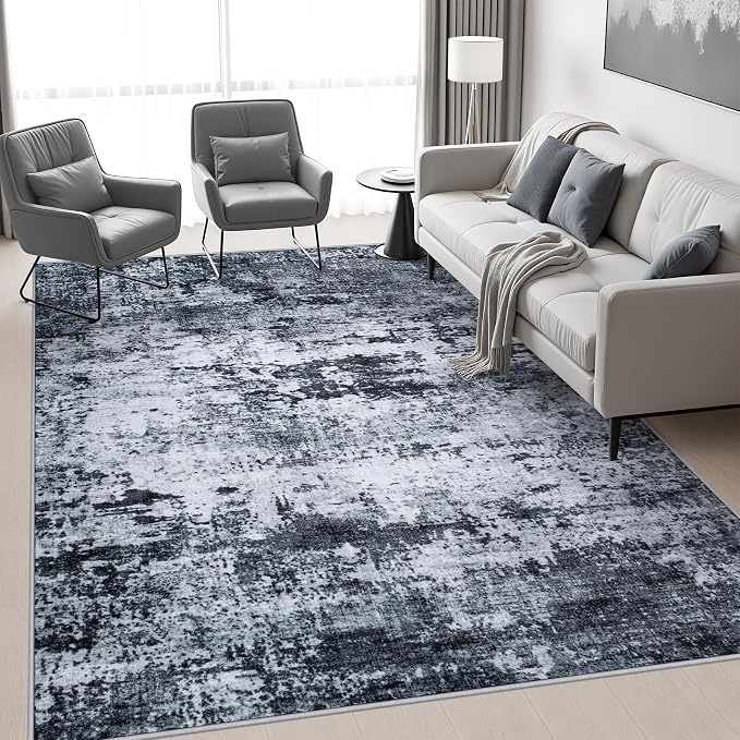 Area Rug Living Room: 6x6 Modern Washable Indoor Carpet Black | - Image 5