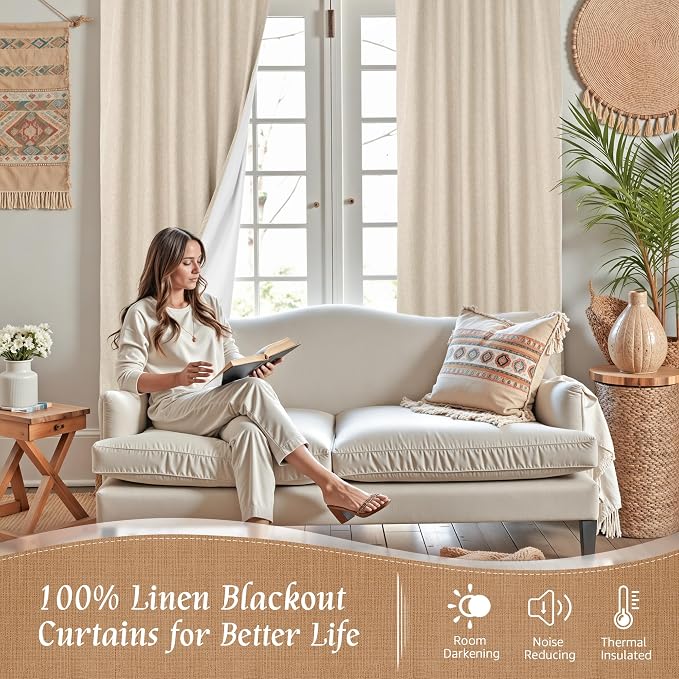100% Blackout Natural Linen Curtains 68 Inches - Image 2