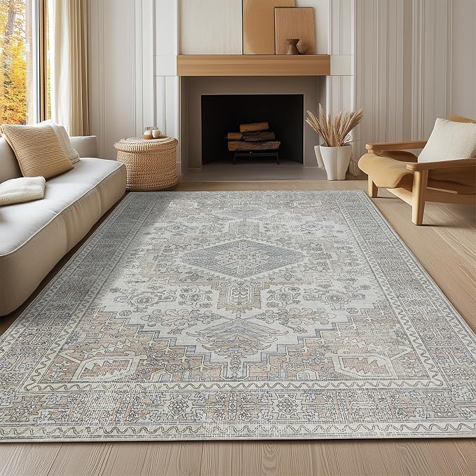 5x7 Washable Area Rugs for Living Room, Dining Room- Retro Taupe | Ultra Soft - Image 8
