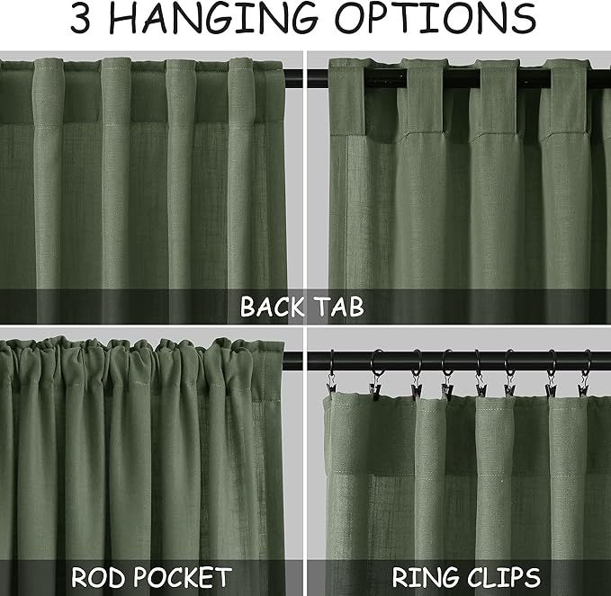 Olive Green Linen Blend Drapes 84 Inch Length 2 Panels Set Back Tab Rod Pocket - Image 3