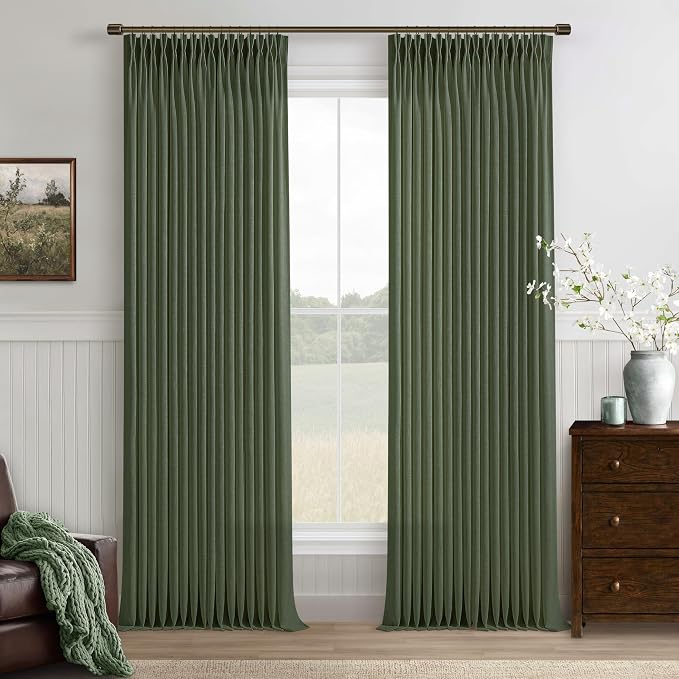 Green Semi Sheer Privacy Linen Pinch Pleated Country Curtains 86 Inch Long | by Twodrapes