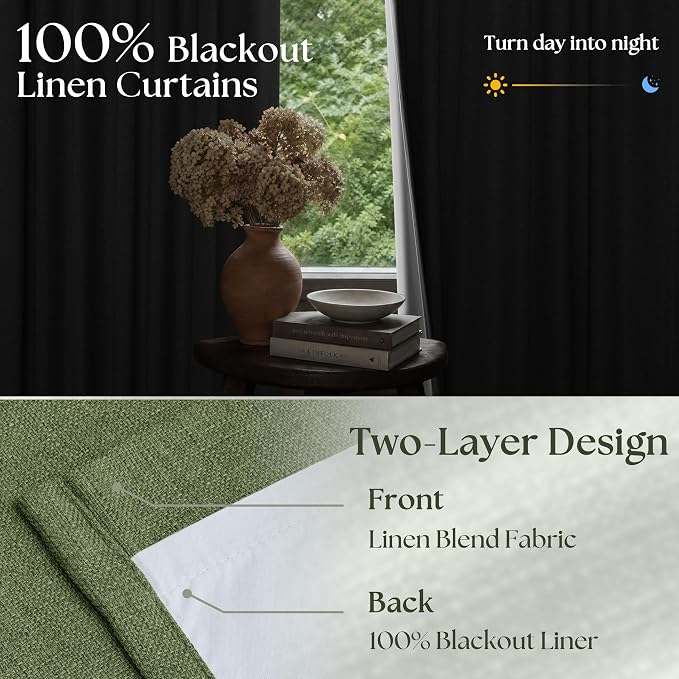 120 Inch Olive Green Linen Pinch Pleated Blackout Curtains Double Layer | 100% - Image 2