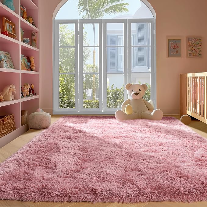 Blush Pink Fluffy Shag Area Rugs - Image 4